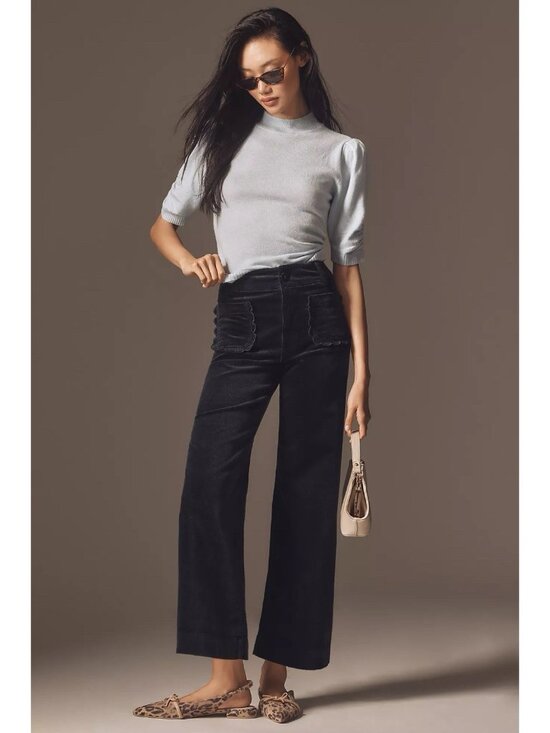 Anthropologie Colette Corduroy Crop Pants Scallop Pocket Wide Leg Size 28 Navy - Picture 11 of 11